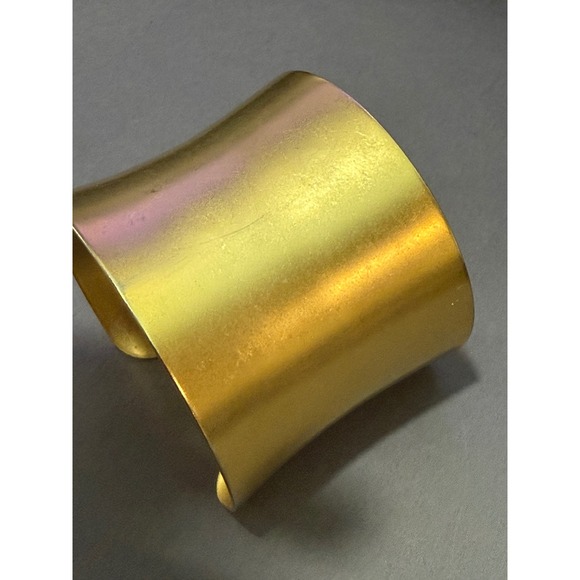 Wide Flared Cuff Bracelet Women Brushed Gold Tone Modernist Statement Signed - Picture 11 of 11